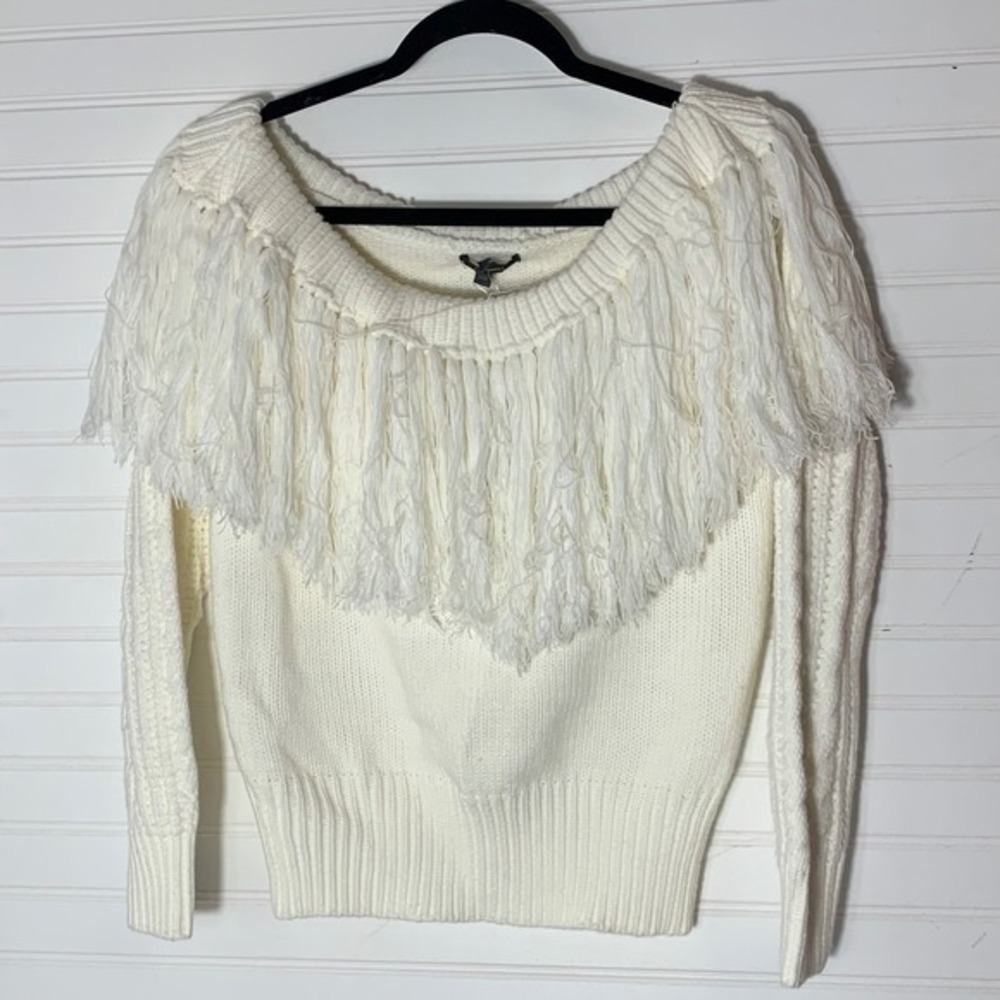 &merci White Fringe Sweater Women's Small Boho Western Cottagecore Knit NWT